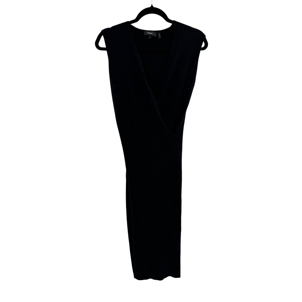 Theory Black Sleeveless Ribbed Wrap Midi Dress Size M Merino Wool Blend